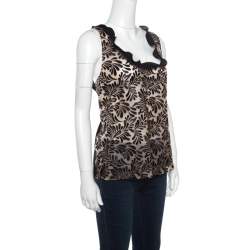 Emanuel Ungaro Black And Beige Foliage Embroidered Sleeveless Top L