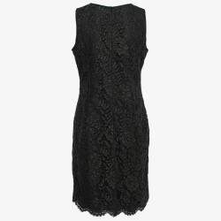 Emanuel Ungaro Collection Black Floral Lace Scalloped Hem Sleeveless Dress L
