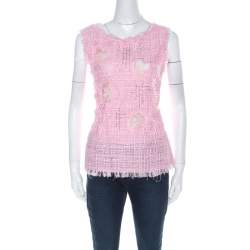 Emanuel Ungaro Pink Tweed Embellished Detail Top & Belted Jacket Set S