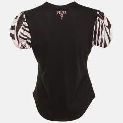 Pre Owned Pucci Black Cotton & Satin Puff Sleeve T-Shirt M