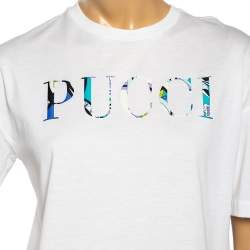 Pre Owned Emilio Pucci White Logo Printed Cotton Short Sleeve T-Shirt S