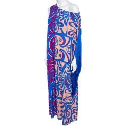 Pre Owned Emilio Pucci Multicolor Printed Rayon Tassel Detail Asymmetric Neck Maxi Dress S