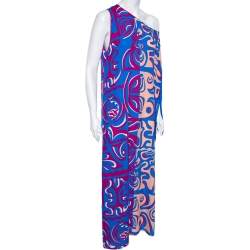 Pre Owned Emilio Pucci Multicolor Printed Rayon Tassel Detail Asymmetric Neck Maxi Dress S