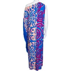 Pre Owned Emilio Pucci Multicolor Printed Rayon Tassel Detail Asymmetric Neck Maxi Dress S