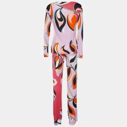 Pre Owned Emilio Pucci Pink Heliconia Print Silk Blouse & Trousers Set M