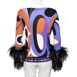 Emilio Pucci Archivio Multicolor Printed Jersey Feather Trim Top M