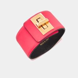 Pre Owned Emilio Pucci Neon Pink Leather Turnlock Wrap Bracelet S