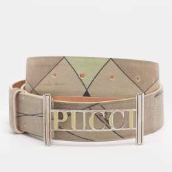 Pre Owned Emilio Green/Khaki Suede Logo Buckle Belt 85CM
