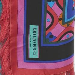 Pre Owned Emilio Pucci Multicolor Printed Silk Fringed Scarf