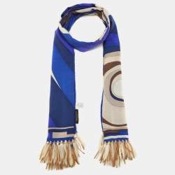 Pre Owned Emilio Pucci Blue Geometric Print Cashmere & Silk Fringed Scarf