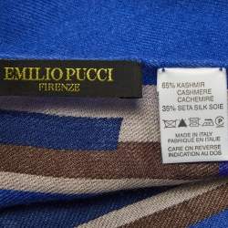 Pre Owned Emilio Pucci Blue Geometric Print Cashmere & Silk Fringed Scarf