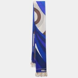 Pre Owned Emilio Pucci Blue Geometric Print Cashmere & Silk Fringed Scarf
