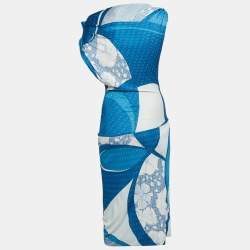 Pre Owned Emilio Pucci Blue Printed Jersey Midi Dress S