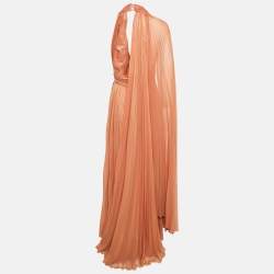 Pre Owned Emilio Pucci Metallic Orange Pleated Crepe V-Neck Gown S