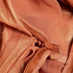 Pre Owned Emilio Pucci Metallic Orange Pleated Crepe V-Neck Gown S