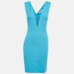 Pre Owned Emilio Pucci Blue Jersey V-Neck Lace Trimmed Mini Dress M