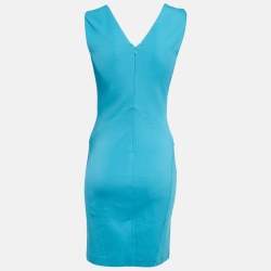 Pre Owned Emilio Pucci Blue Jersey V-Neck Lace Trimmed Mini Dress M