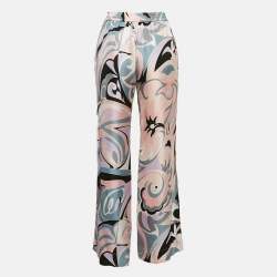 Pre Owned Emilio Pucci Pink Printed Silk Straight Leg Trousers XS