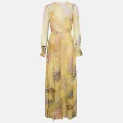 Emilio Pucci Yellow Feather Print Chiffon Slits Detail Maxi Dress M