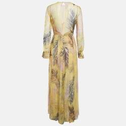 Emilio Pucci Yellow Feather Print Chiffon Slits Detail Maxi Dress M