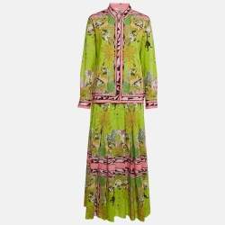 Emilio Pucci Green Nairobi-Print Cotton Shirt and Skirt Set M