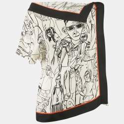 Pre Owned Emilio Pucci Cream/Black Turisti Print Silk Asymmetric Shirt M