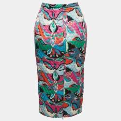 Pre Owned Emilio Pucci Pink/Blue Printed Satin Silk Quilted Pencil Skirt S