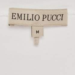 Pre Owned Emilio Pucci White Jersey Printed Silk Ruffled Sleeve T-Shirt M