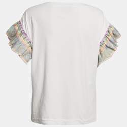 Pre Owned Emilio Pucci White Jersey Printed Silk Ruffled Sleeve T-Shirt M