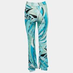Pre Owned Emilio Pucci Blue Printed Jersey Flared Leg Trousers M
