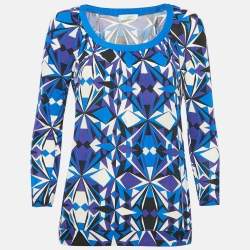 Emilio Pucci Blue Printed Jersey Round Neck Long Sleeve Top S