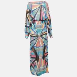 Pre Owned Emilio Pucci Multicolor Printed Chiffon Elasticized Waist Maxi Dress S