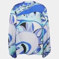 Pre Owned Emilio Pucci Blue Printed Silk Lace-Up Detail Top M