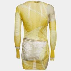 Pre Owned Emilio Pucci Yellow Printed Mesh Knit Long Sleeve Top S