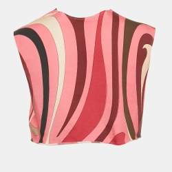 Pre Owned Emilio Pucci Pink Printed Jersey V-Neck Crop Top M