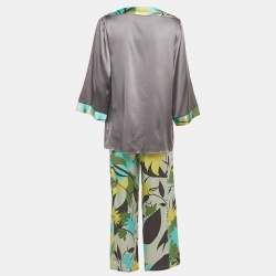 Pre Owned Emilio Pucci Grey/Multicolor Printed Satin Silk Top and Pants Set M/S