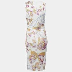 Pre Owned Emilio Pucci White Printed Jersey Draped Sleeveless Midi Dress S