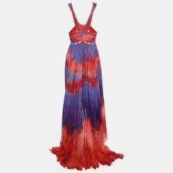 Pre Owned Emilio Pucci Multicolor Tie Dye Chiffon Beads Embellished Long Dress M