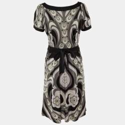 Pre Owned Emilio Pucci Grey/Multicolor Printed Silk Knit Knee-Length Dress L