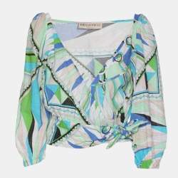 Pre Owned Emilio Pucci Multicolor Printed Cotton Knit Long Sleeve Crop Top M