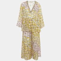 Pre Owned Emilio Pucci Yellow Printed Voile Top and Pants Set M/L