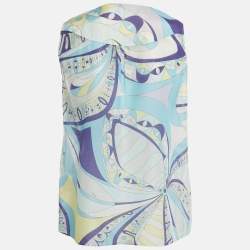 Pre Owned Emilio Pucci Blue Printed Cotton Blend Sleeveless Top S