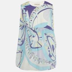 Pre Owned Emilio Pucci Blue Printed Cotton Blend Sleeveless Top S