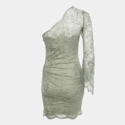 Pre Owned Emilio Pucci Green Lace One-Shoulder Mini Dress S
