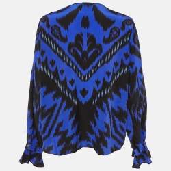 Pre Owned Emilio Pucci Blue Suzani Print Silk Long Sleeve Blouse XL