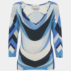 Pre Owned Emilio Pucci Blue Printed Jersey V-Neck Top M