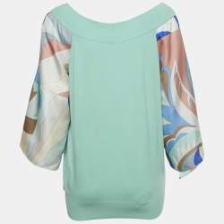 مملوكة مسبقًا Emilio Pucci Green Knit &Silk Printed Trim Detail Top M