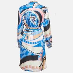 مملوكة مسبقًا فستان قميص إيميليو بوتشي حرير بطبعة والي زرقاء بحزام متوسط