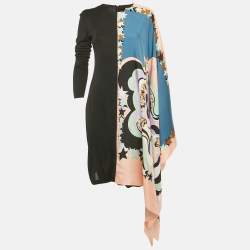 Pre Owned Emilio Pucci Multicolor Printed Jersey & Silk Overlay Panel Asymmetric Dress M