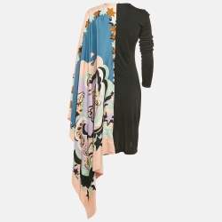 Pre Owned Emilio Pucci Multicolor Printed Jersey & Silk Overlay Panel Asymmetric Dress M
